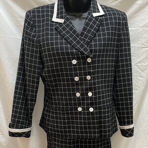 Black White Windowpane Plaid Skirt Suit Set Power Suit